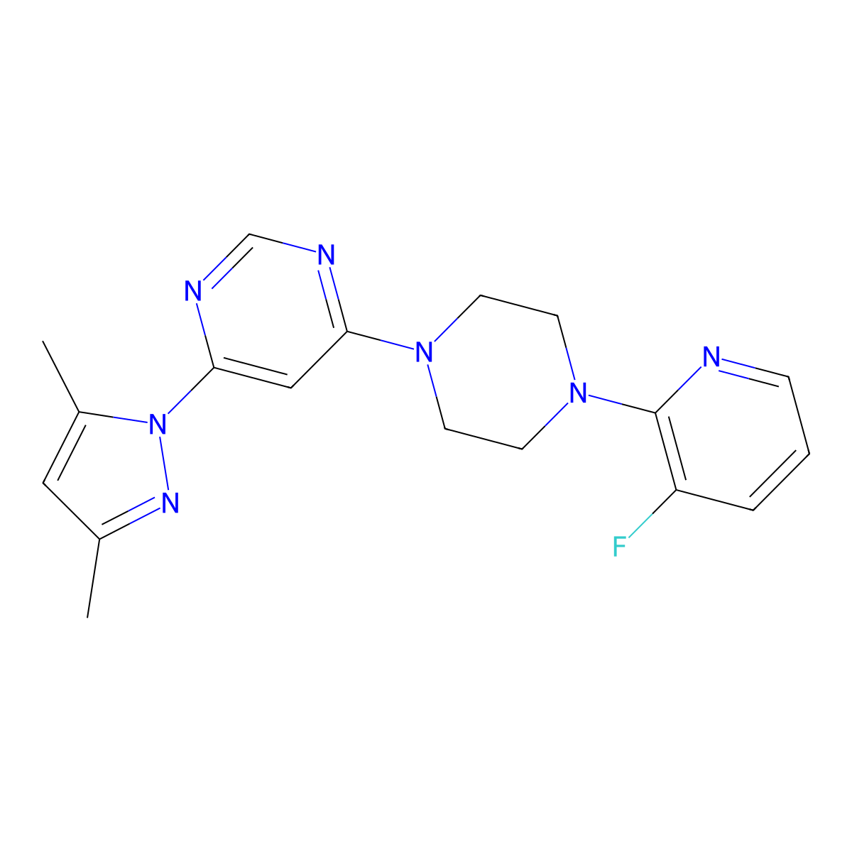 4-(3,5-dimethyl-1H-pyrazol-1-yl)-6-[4-(3-fluoropyridin-2-yl)piperazin-1-yl]pyrimidine molecular structure, CAS 2877680-73-2