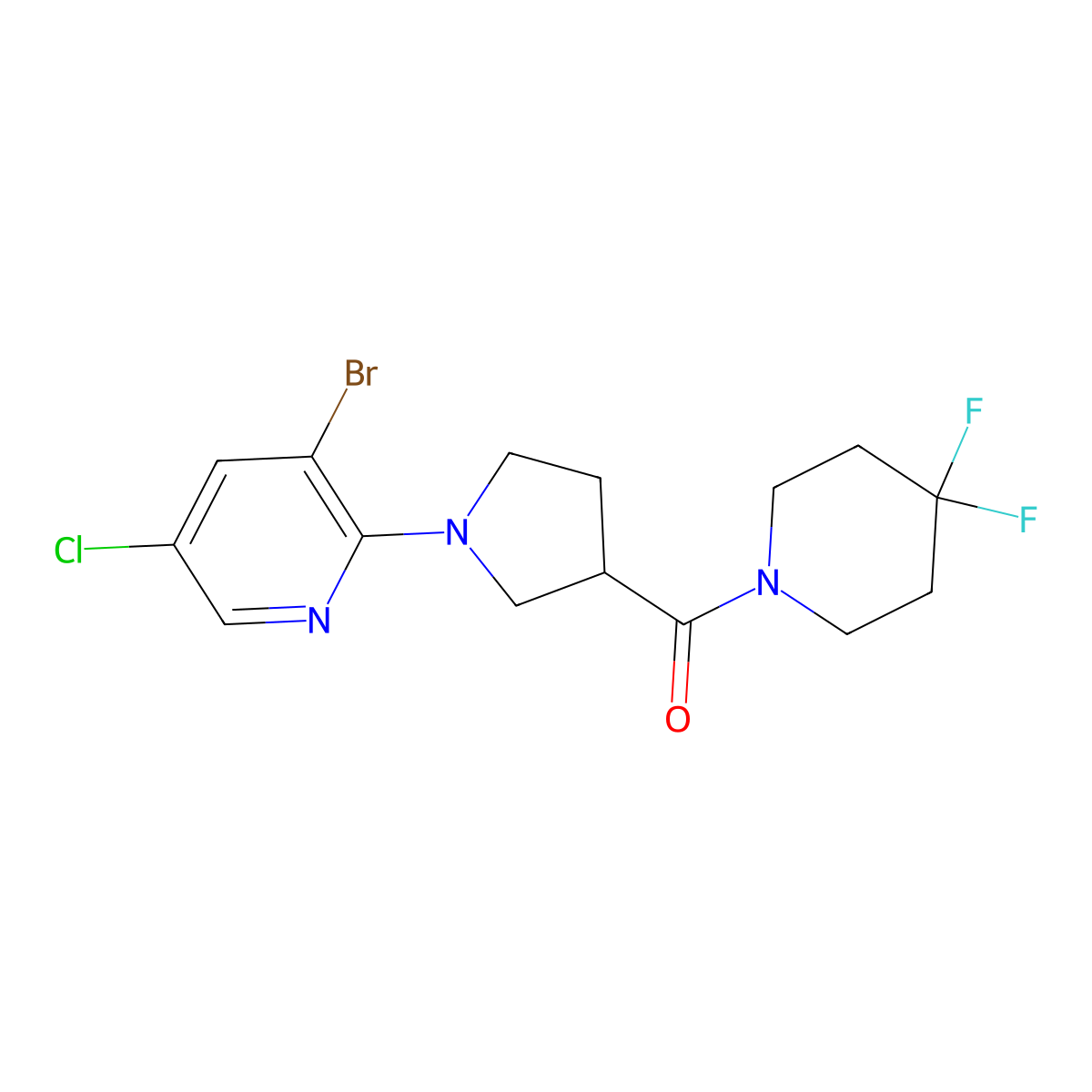 3-Bromo-5-chloro-2-[3-(4,4-difluoropiperidine-1-carbonyl)pyrrolidin-1-yl]pyridine molecular structure, CAS 2877680-78-7