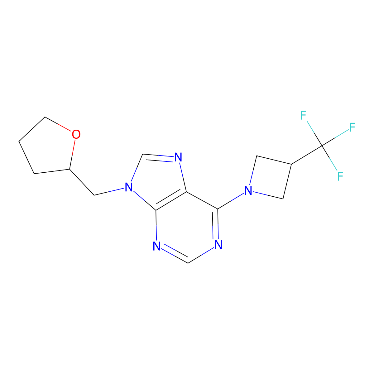 9-[(oxolan-2-yl)methyl]-6-[3-(trifluoromethyl)azetidin-1-yl]-9H-purine molecular structure, CAS 2877680-79-8