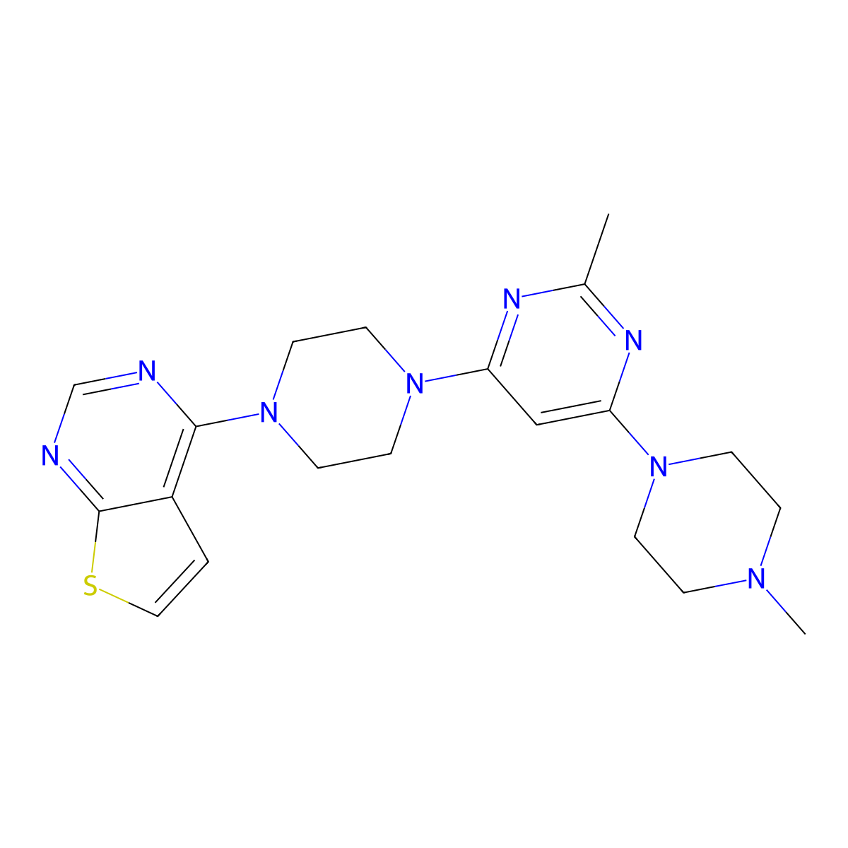 2-Methyl-4-(4-methylpiperazin-1-yl)-6-(4-{thieno[2,3-d]pyrimidin-4-yl}piperazin-1-yl)pyrimidine molecular structure, CAS 2877681-00-8