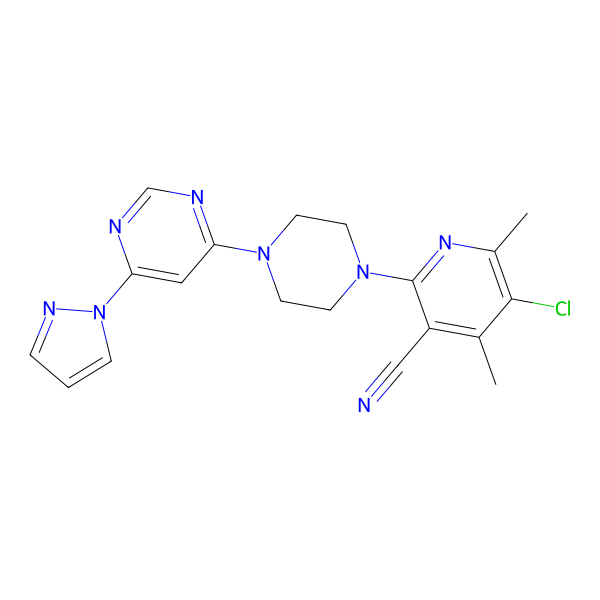 5-chloro-4,6-dimethyl-2-{4-[6-(1H-pyrazol-1-yl)pyrimidin-4-yl]piperazin-1-yl}pyridine-3-carbonitrile molecular structure, CAS 2877681-04-2
