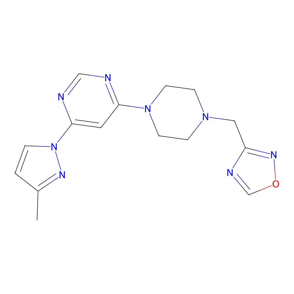 4-(3-methyl-1H-pyrazol-1-yl)-6-{4-[(1,2,4-oxadiazol-3-yl)methyl]piperazin-1-yl}pyrimidine molecular structure, CAS 2877681-11-1