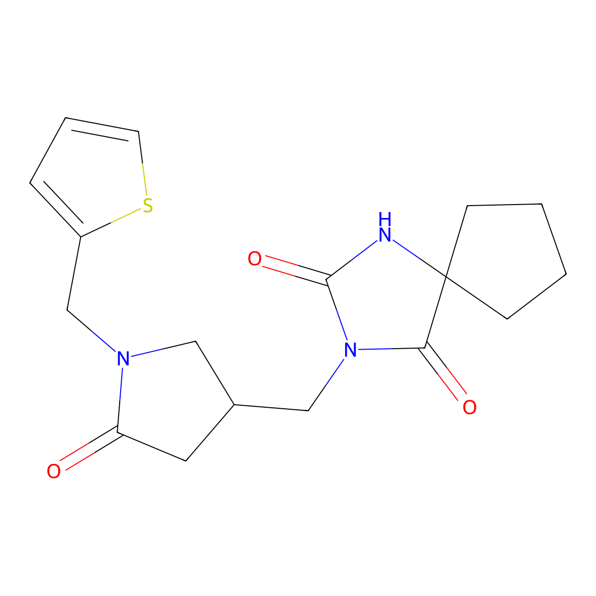 3-({5-Oxo-1-[(thiophen-2-yl)methyl]pyrrolidin-3-yl}methyl)-1,3-diazaspiro[4.4]nonane-2,4-dione molecular structure, CAS 2877681-12-2