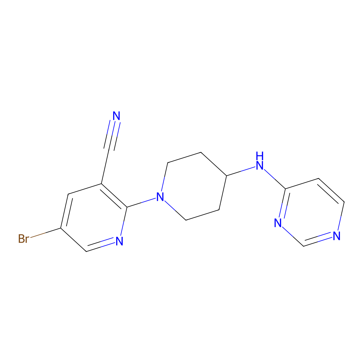 5-Bromo-2-{4-[(pyrimidin-4-yl)amino]piperidin-1-yl}pyridine-3-carbonitrile molecular structure, CAS 2877681-31-5