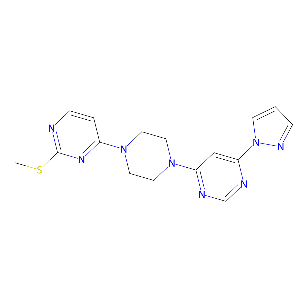 4-{4-[2-(methylsulfanyl)pyrimidin-4-yl]piperazin-1-yl}-6-(1H-pyrazol-1-yl)pyrimidine molecular structure, CAS 2877681-34-8