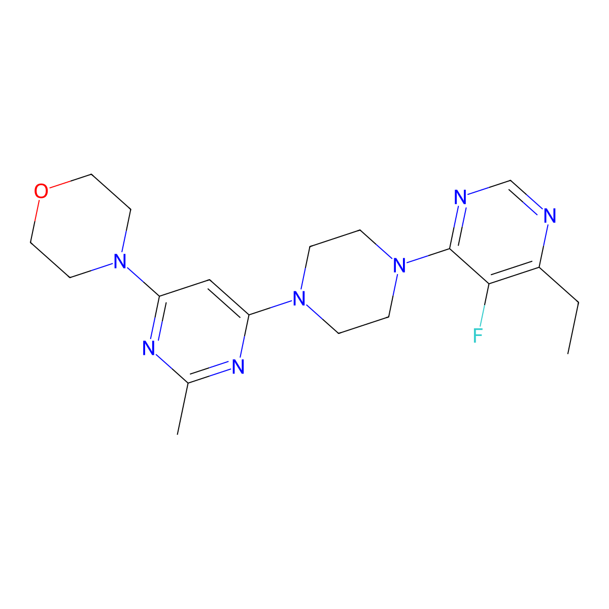 4-{6-[4-(6-Ethyl-5-fluoropyrimidin-4-yl)piperazin-1-yl]-2-methylpyrimidin-4-yl}morpholine molecular structure, CAS 2877681-38-2