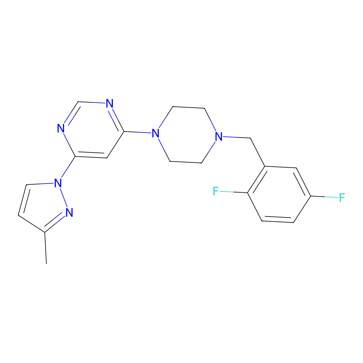 4-{4-[(2,5-difluorophenyl)methyl]piperazin-1-yl}-6-(3-methyl-1H-pyrazol-1-yl)pyrimidine molecular structure, CAS 2877681-43-9