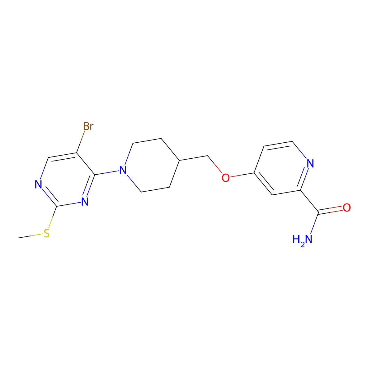 4-({1-[5-Bromo-2-(methylsulfanyl)pyrimidin-4-yl]piperidin-4-yl}methoxy)pyridine-2-carboxamide molecular structure, CAS 2877681-48-4