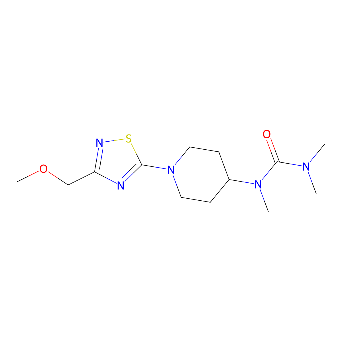 1-{1-[3-(Methoxymethyl)-1,2,4-thiadiazol-5-yl]piperidin-4-yl}-1,3,3-trimethylurea molecular structure, CAS 2877681-50-8