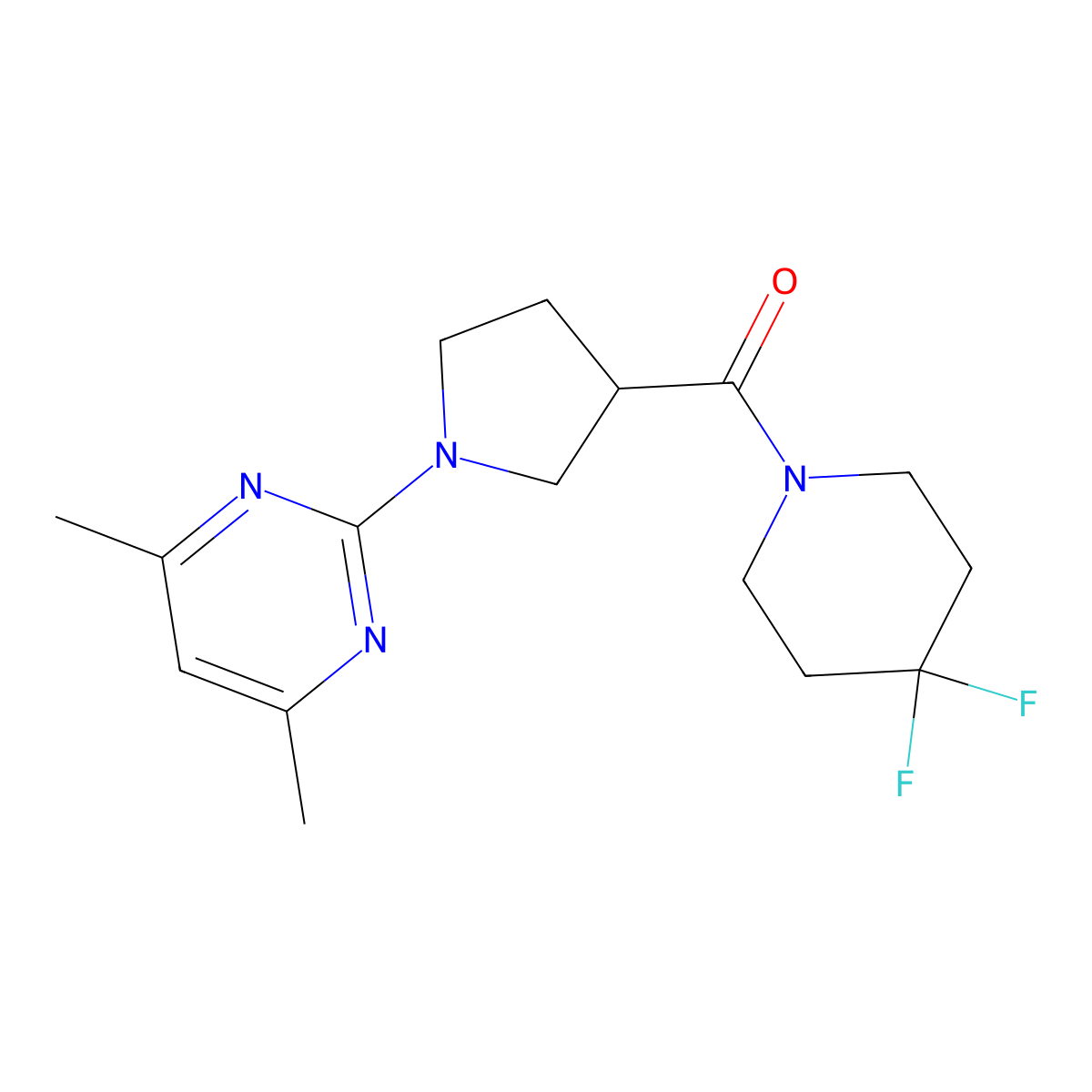 2-[3-(4,4-Difluoropiperidine-1-carbonyl)pyrrolidin-1-yl]-4,6-dimethylpyrimidine molecular structure, CAS 2877681-57-5