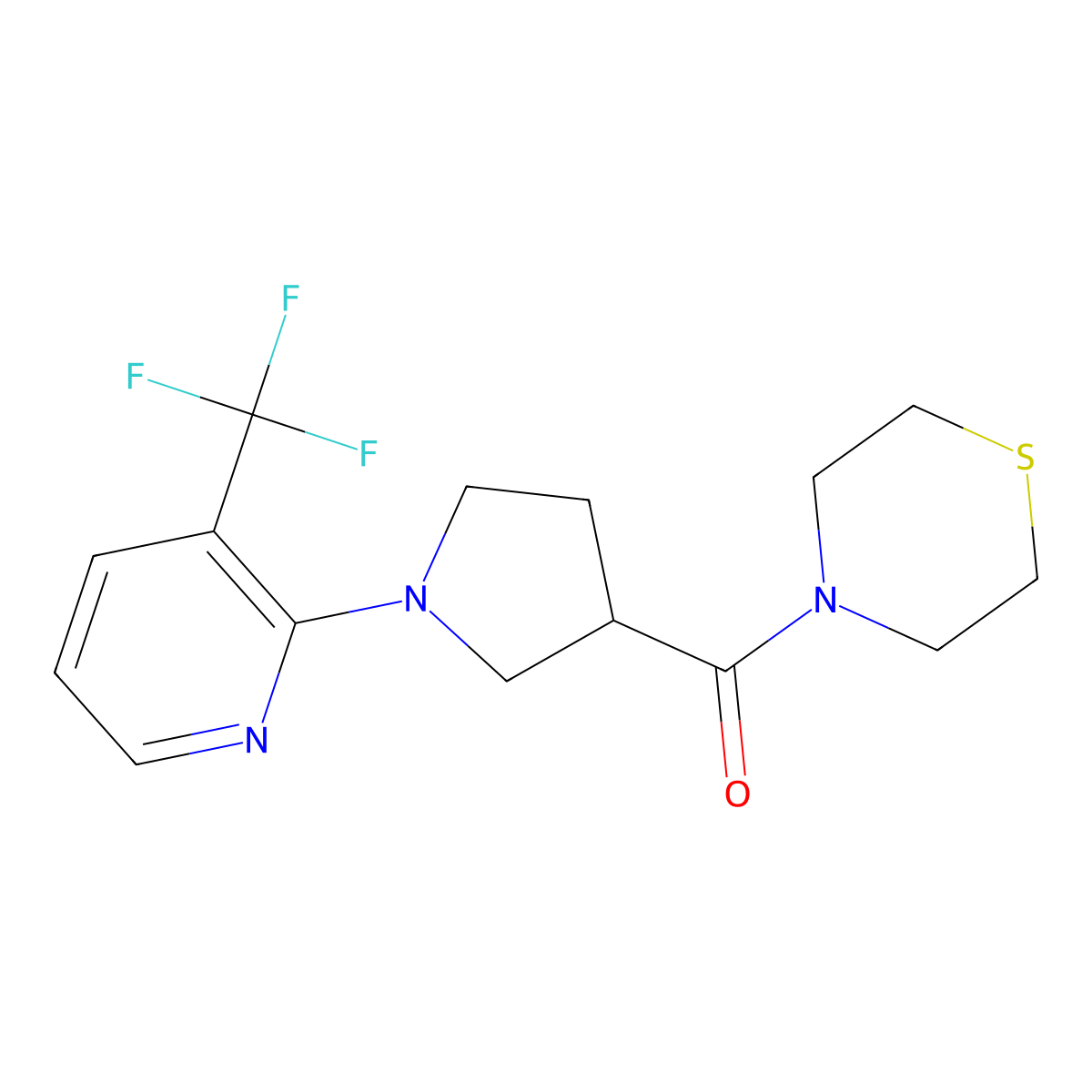 4-{1-[3-(Trifluoromethyl)pyridin-2-yl]pyrrolidine-3-carbonyl}thiomorpholine molecular structure, CAS 2877681-66-6