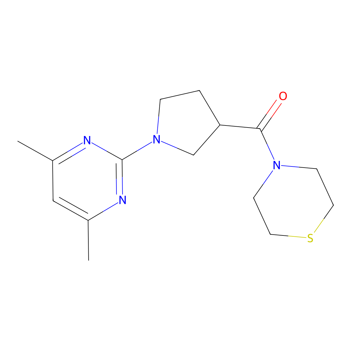 4-[1-(4,6-Dimethylpyrimidin-2-yl)pyrrolidine-3-carbonyl]thiomorpholine molecular structure, CAS 2877681-68-8