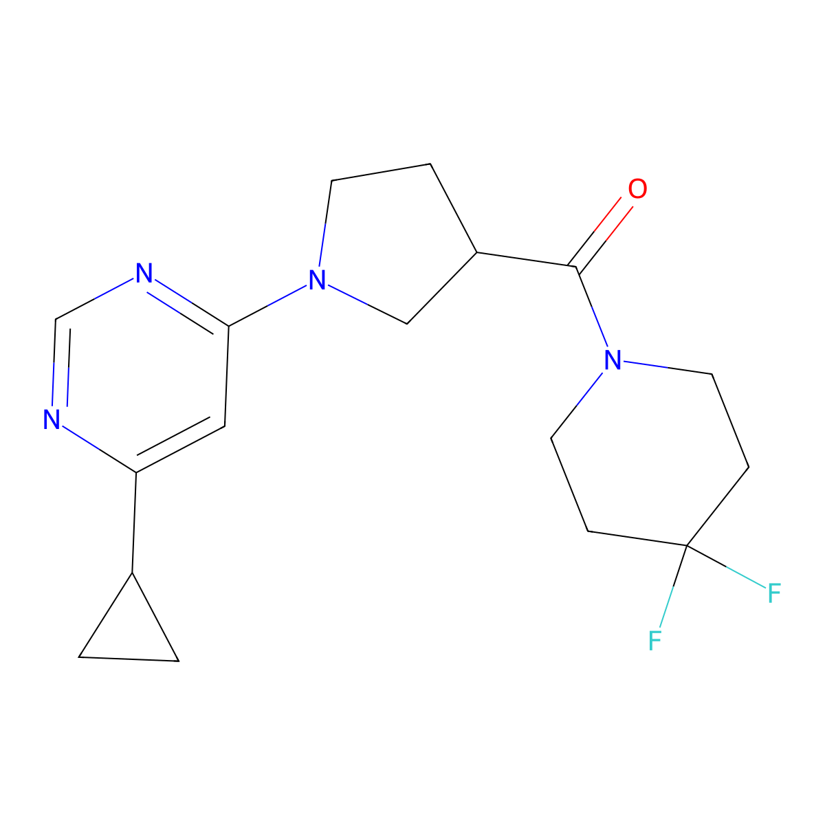 4-Cyclopropyl-6-[3-(4,4-difluoropiperidine-1-carbonyl)pyrrolidin-1-yl]pyrimidine molecular structure, CAS 2877681-80-4