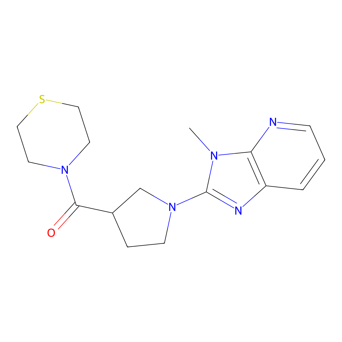 4-(1-{3-methyl-3H-imidazo[4,5-b]pyridin-2-yl}pyrrolidine-3-carbonyl)thiomorpholine molecular structure, CAS 2877681-92-8