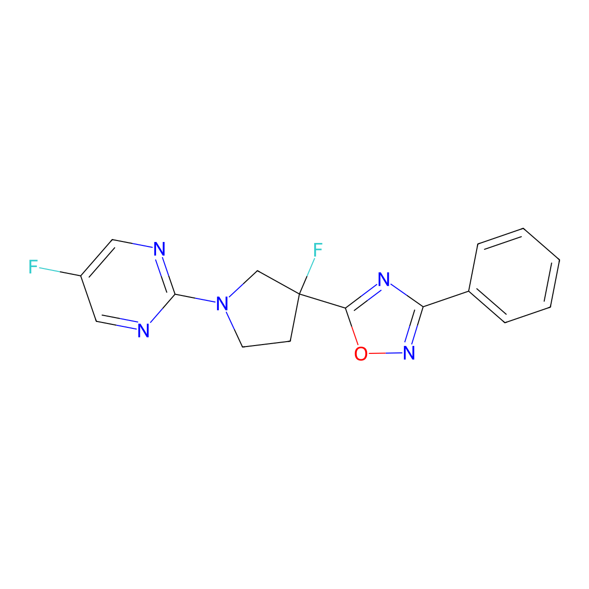 5-Fluoro-2-[3-fluoro-3-(3-phenyl-1,2,4-oxadiazol-5-yl)pyrrolidin-1-yl]pyrimidine molecular structure, CAS 2877681-98-4
