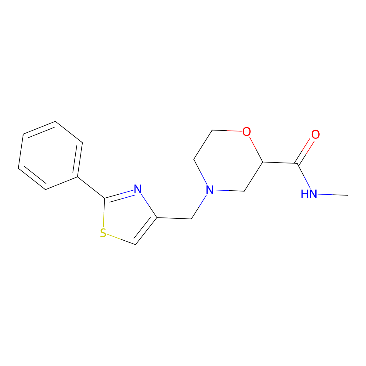 N-methyl-4-[(2-phenyl-1,3-thiazol-4-yl)methyl]morpholine-2-carboxamide molecular structure, CAS 2877682-06-7