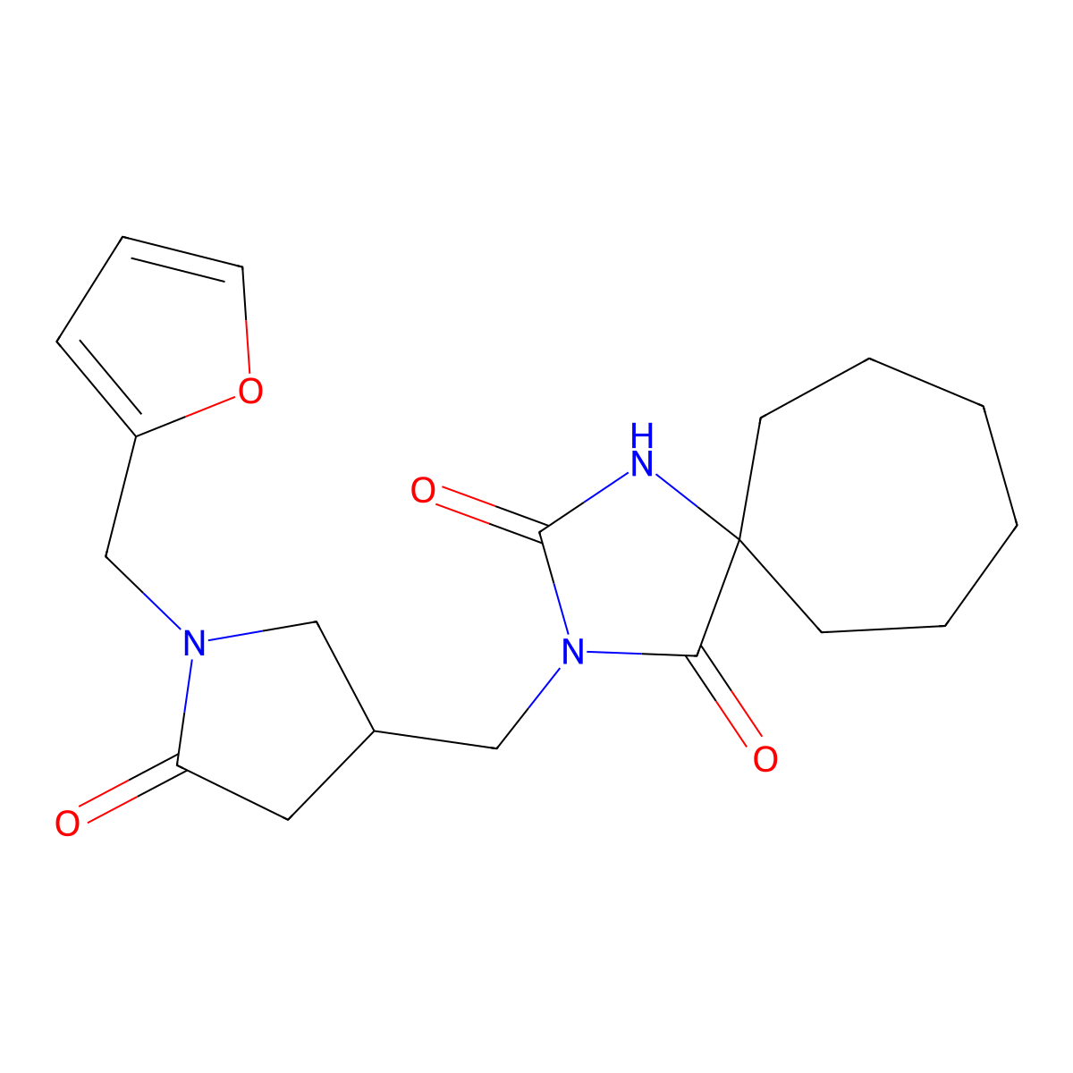 3-({1-[(Furan-2-yl)methyl]-5-oxopyrrolidin-3-yl}methyl)-1,3-diazaspiro[4.6]undecane-2,4-dione molecular structure, CAS 2877682-08-9