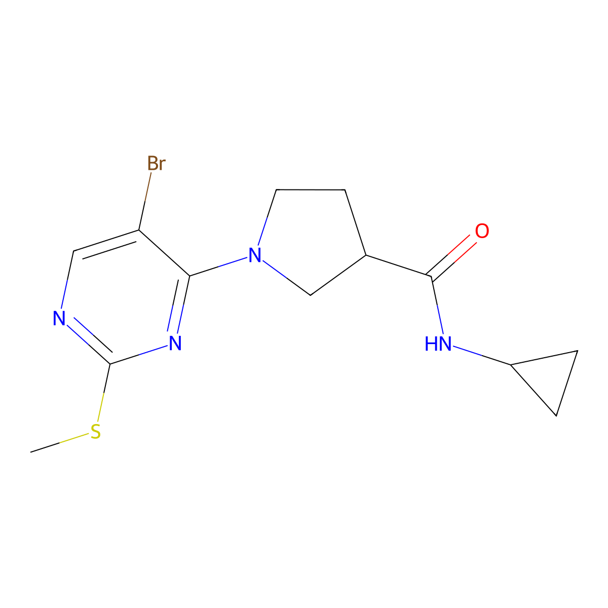 1-[5-bromo-2-(methylsulfanyl)pyrimidin-4-yl]-N-cyclopropylpyrrolidine-3-carboxamide molecular structure, CAS 2877682-09-0