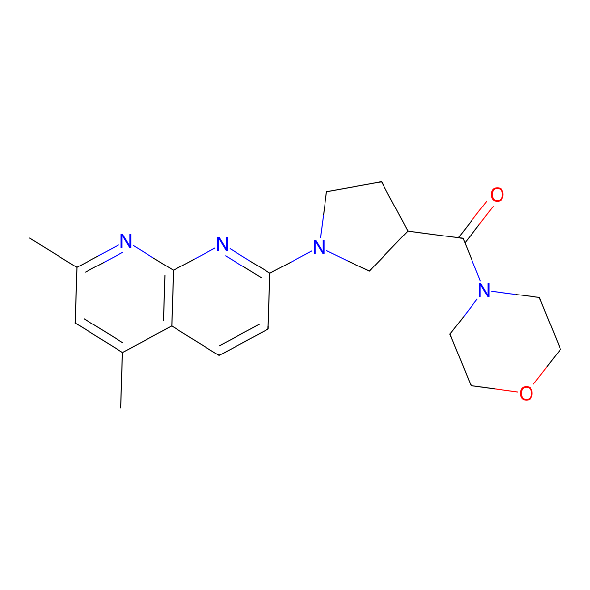 2,4-Dimethyl-7-[3-(morpholine-4-carbonyl)pyrrolidin-1-yl]-1,8-naphthyridine molecular structure, CAS 2877682-10-3