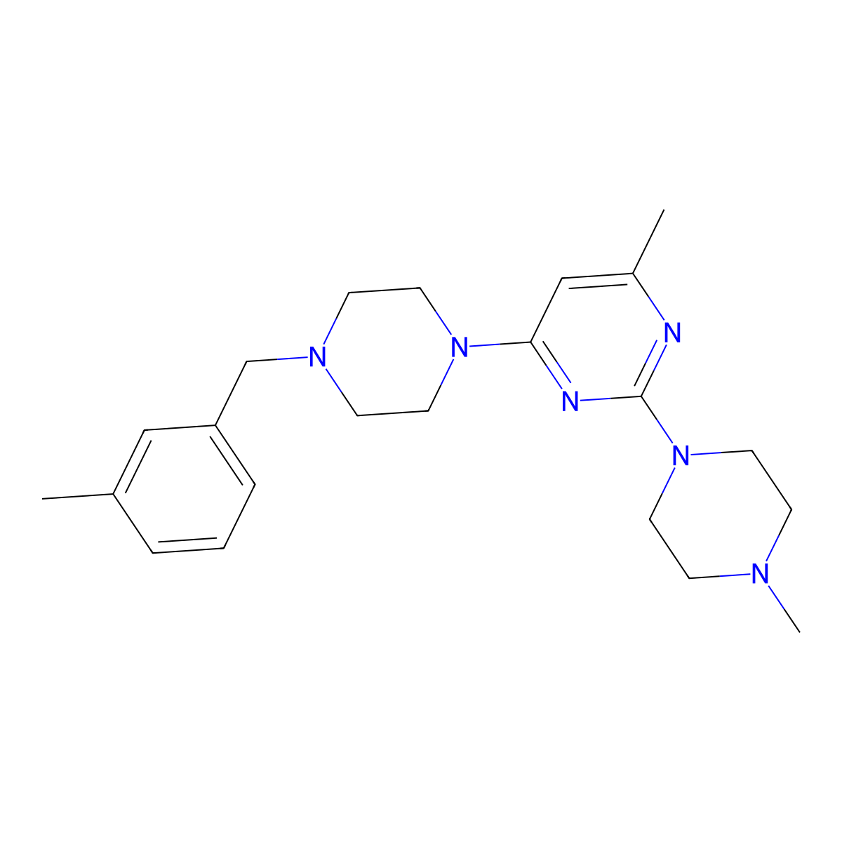 4-Methyl-6-{4-[(3-methylphenyl)methyl]piperazin-1-yl}-2-(4-methylpiperazin-1-yl)pyrimidine molecular structure, CAS 2877682-12-5