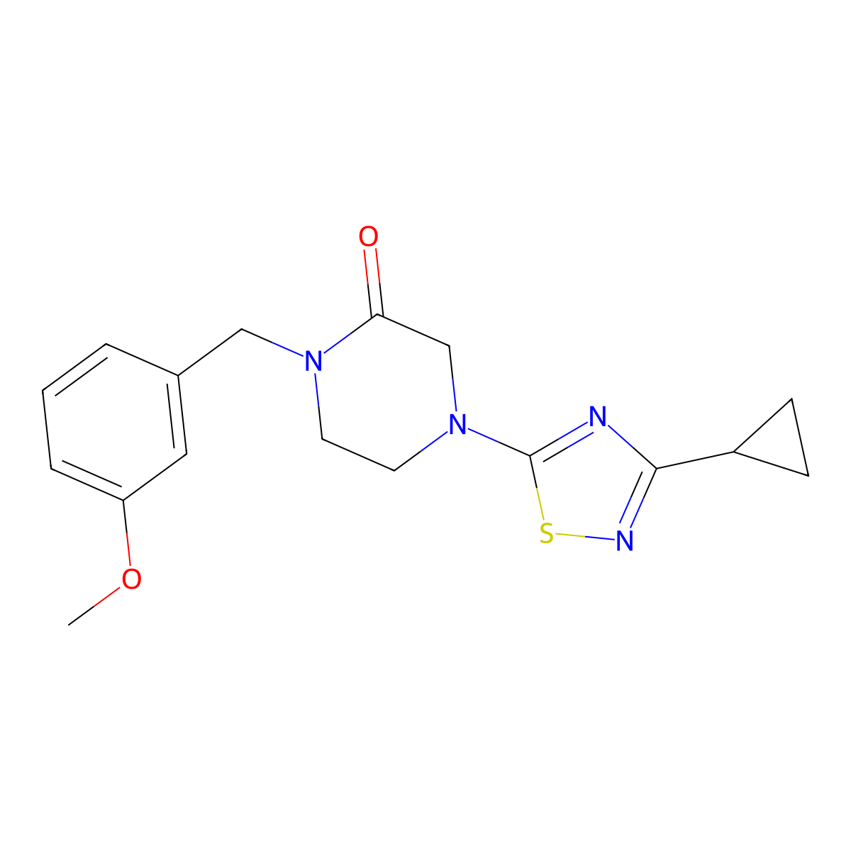 4-(3-Cyclopropyl-1,2,4-thiadiazol-5-yl)-1-[(3-methoxyphenyl)methyl]piperazin-2-one molecular structure, CAS 2877682-13-6