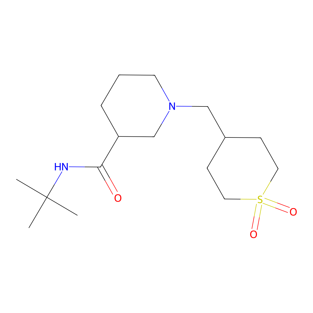 N-tert-butyl-1-[(1,1-dioxo-1lambda6-thian-4-yl)methyl]piperidine-3-carboxamide molecular structure, CAS 2877682-18-1