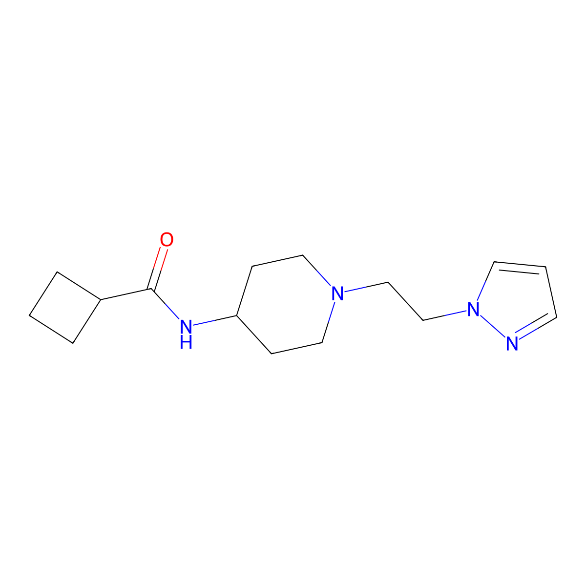N-{1-[2-(1H-pyrazol-1-yl)ethyl]piperidin-4-yl}cyclobutanecarboxamide molecular structure, CAS 2877682-34-1