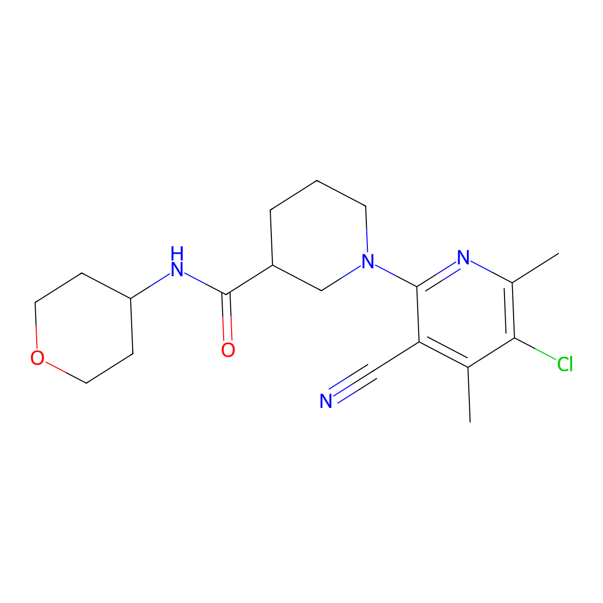 1-(5-chloro-3-cyano-4,6-dimethylpyridin-2-yl)-N-(oxan-4-yl)piperidine-3-carboxamide molecular structure, CAS 2877682-36-3