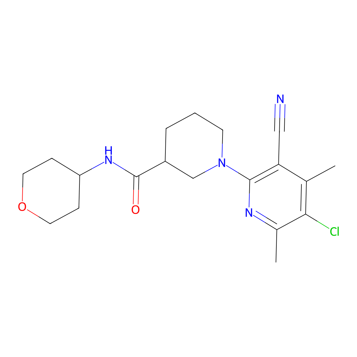 1-(5-chloro-3-cyano-4,6-dimethylpyridin-2-yl)-N-(oxan-4-yl)piperidine-3-carboxamide molecular structure, CAS 2877682-36-3