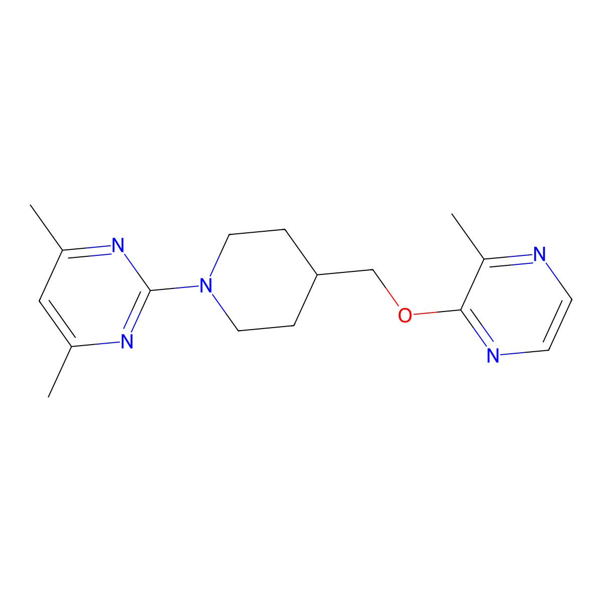4,6-Dimethyl-2-(4-{[(3-methylpyrazin-2-yl)oxy]methyl}piperidin-1-yl)pyrimidine molecular structure, CAS 2877682-37-4