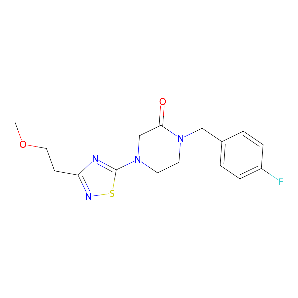 1-[(4-Fluorophenyl)methyl]-4-[3-(2-methoxyethyl)-1,2,4-thiadiazol-5-yl]piperazin-2-one molecular structure, CAS 2877682-38-5