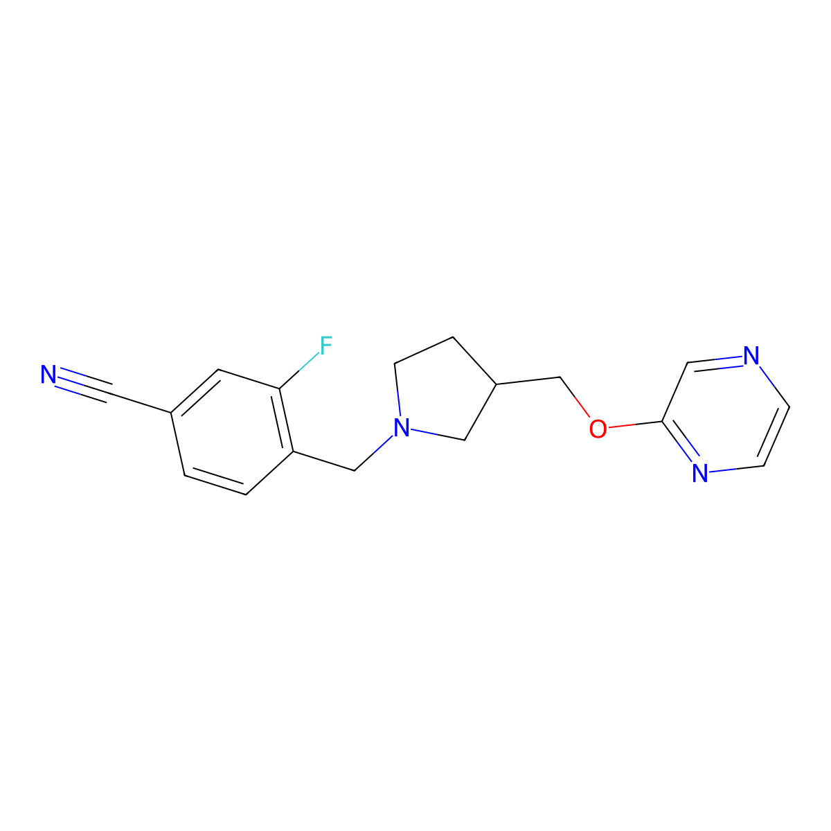 3-Fluoro-4-({3-[(pyrazin-2-yloxy)methyl]pyrrolidin-1-yl}methyl)benzonitrile molecular structure, CAS 2877685-06-6