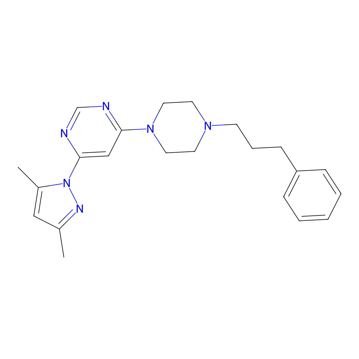 4-(3,5-dimethyl-1H-pyrazol-1-yl)-6-[4-(3-phenylpropyl)piperazin-1-yl]pyrimidine molecular structure, CAS 2877685-08-8