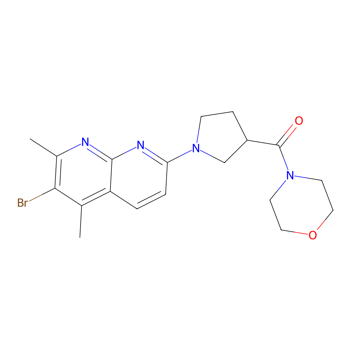 3-Bromo-2,4-dimethyl-7-[3-(morpholine-4-carbonyl)pyrrolidin-1-yl]-1,8-naphthyridine molecular structure, CAS 2877685-09-9