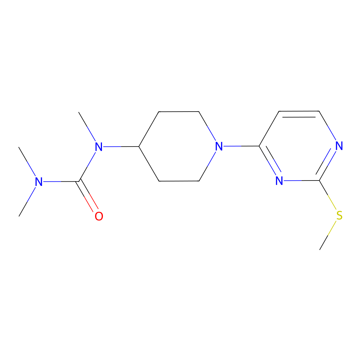 1,3,3-Trimethyl-1-{1-[2-(methylsulfanyl)pyrimidin-4-yl]piperidin-4-yl}urea molecular structure, CAS 2877685-16-8