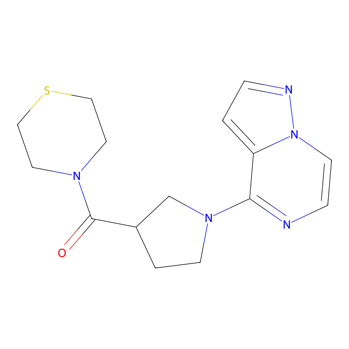 4-(1-{Pyrazolo[1,5-a]pyrazin-4-yl}pyrrolidine-3-carbonyl)thiomorpholine molecular structure, CAS 2877685-22-6