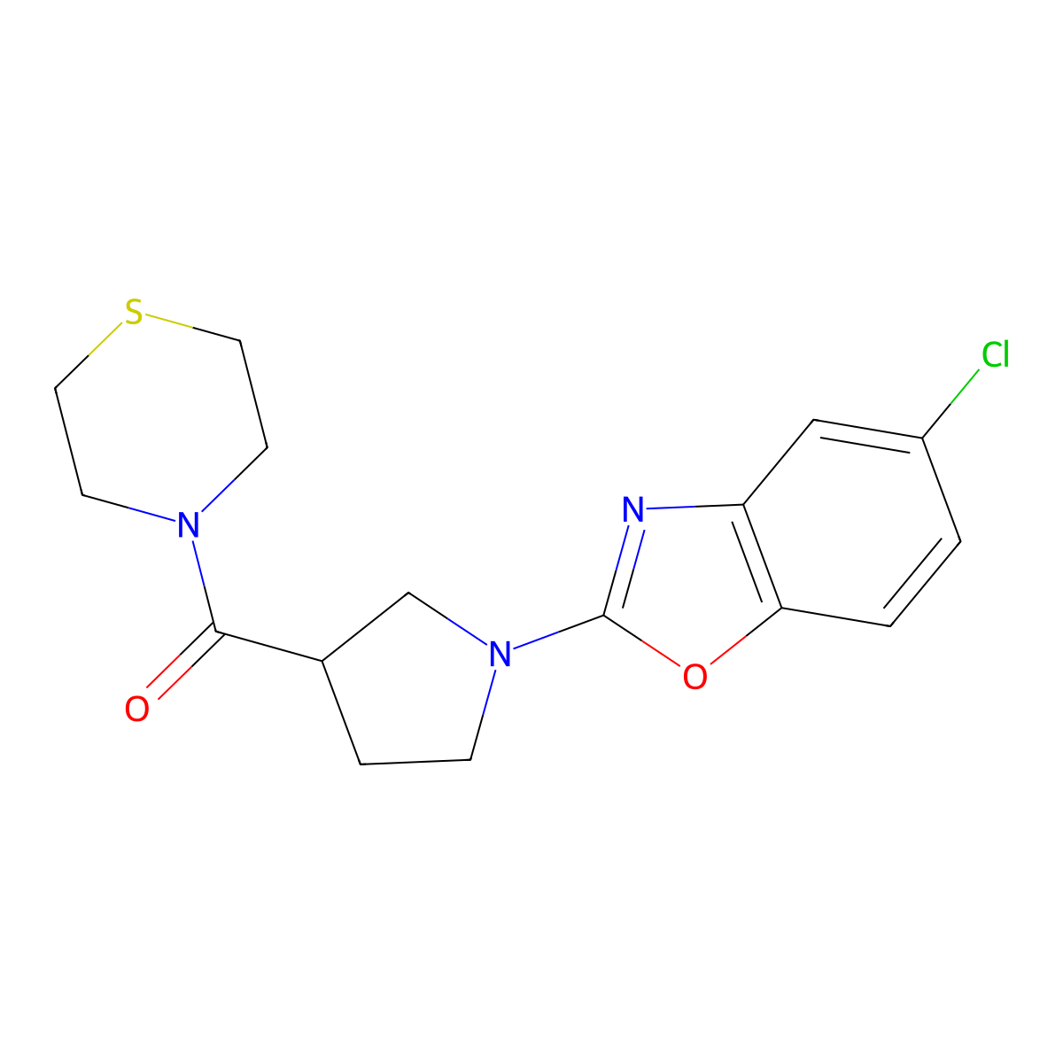 5-Chloro-2-[3-(thiomorpholine-4-carbonyl)pyrrolidin-1-yl]-1,3-benzoxazole molecular structure, CAS 2877685-32-8