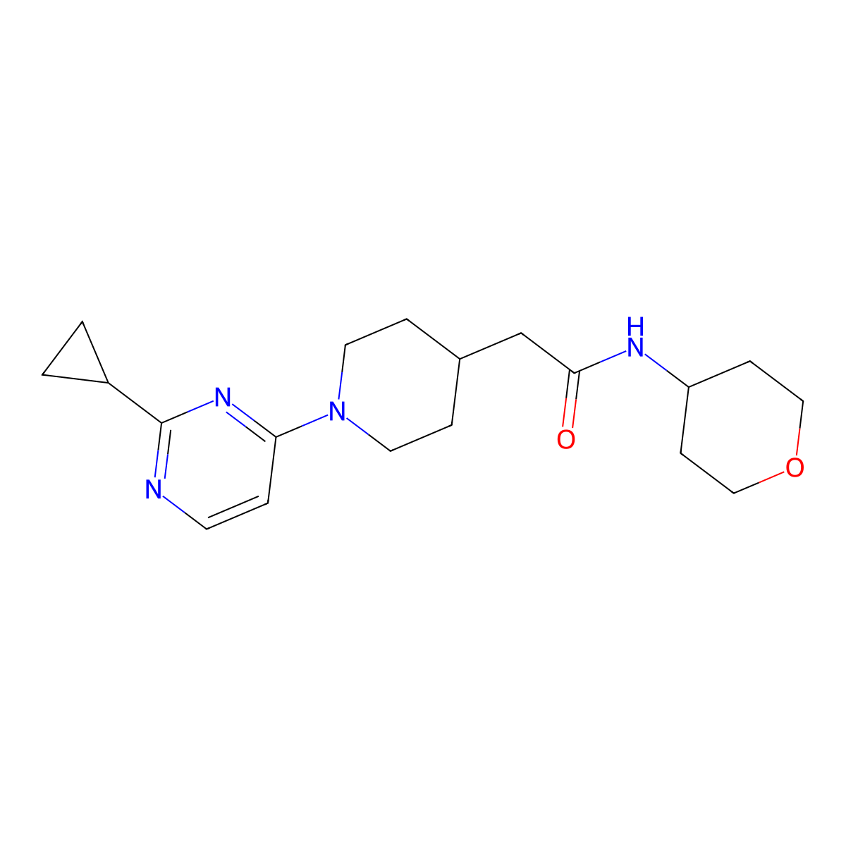 2-[1-(2-cyclopropylpyrimidin-4-yl)piperidin-4-yl]-N-(oxan-4-yl)acetamide molecular structure, CAS 2877685-33-9