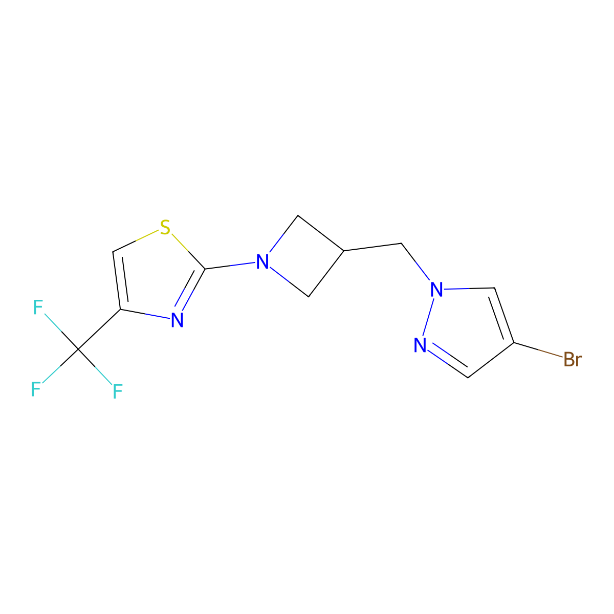 2-{3-[(4-bromo-1H-pyrazol-1-yl)methyl]azetidin-1-yl}-4-(trifluoromethyl)-1,3-thiazole molecular structure, CAS 2877685-35-1