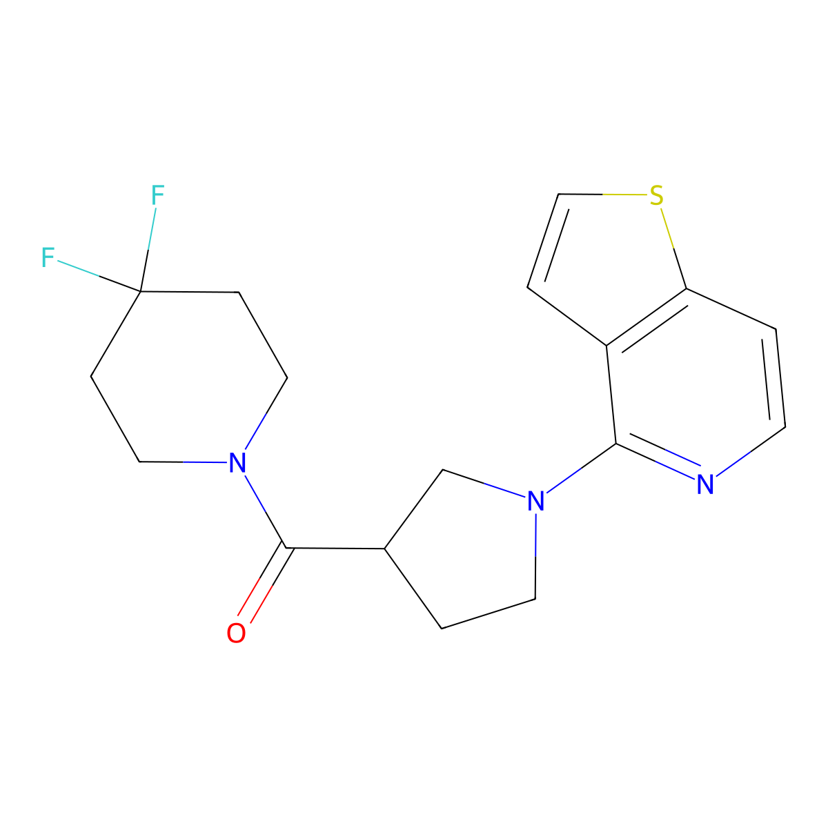 4,4-Difluoro-1-(1-{thieno[3,2-c]pyridin-4-yl}pyrrolidine-3-carbonyl)piperidine molecular structure, CAS 2877685-36-2