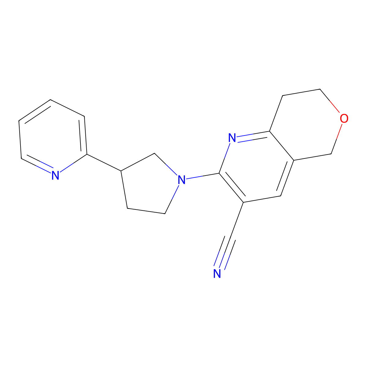 2-[3-(pyridin-2-yl)pyrrolidin-1-yl]-5H,7H,8H-pyrano[4,3-b]pyridine-3-carbonitrile molecular structure, CAS 2877685-40-8