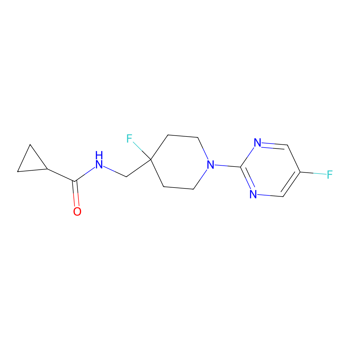 N-{[4-fluoro-1-(5-fluoropyrimidin-2-yl)piperidin-4-yl]methyl}cyclopropanecarboxamide molecular structure, CAS 2877685-41-9