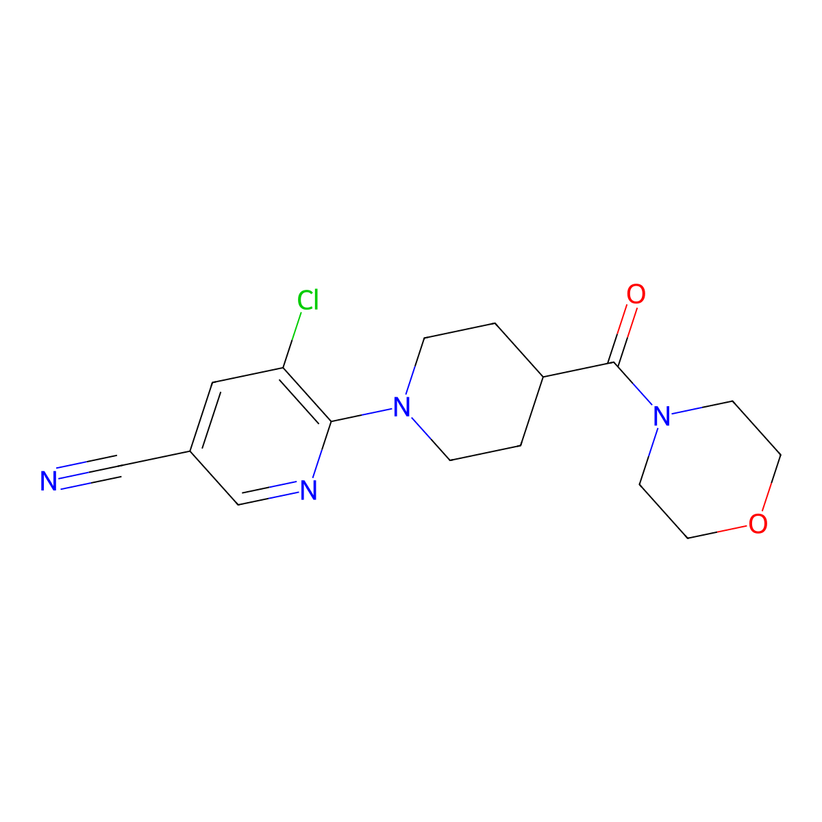5-Chloro-6-[4-(morpholine-4-carbonyl)piperidin-1-yl]pyridine-3-carbonitrile molecular structure, CAS 2877685-42-0