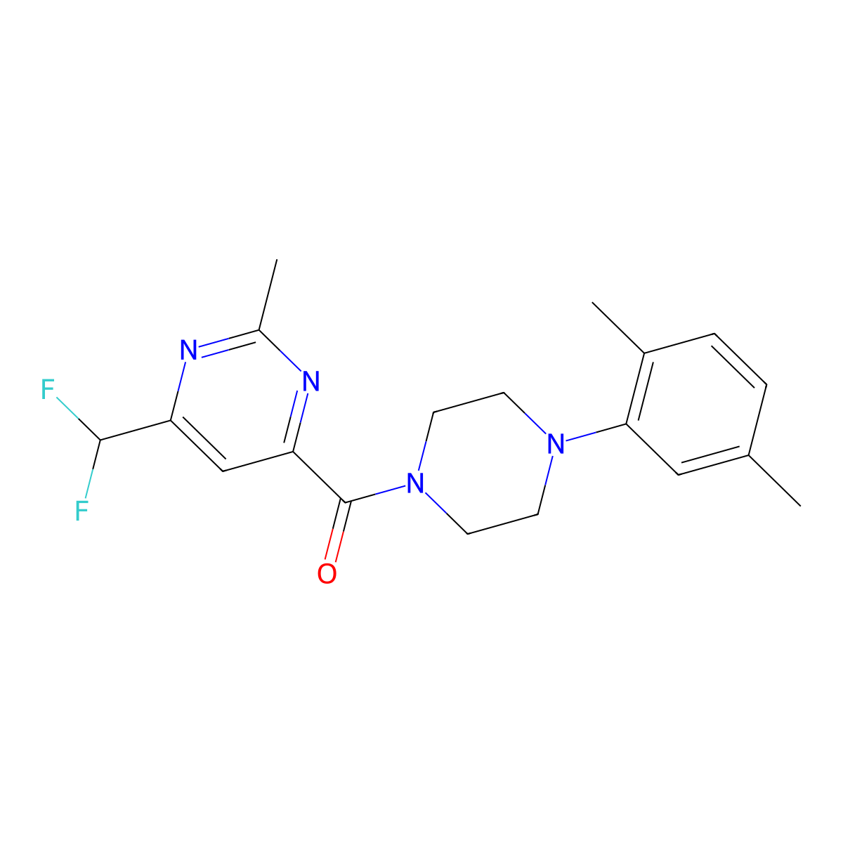 4-(Difluoromethyl)-6-[4-(2,5-dimethylphenyl)piperazine-1-carbonyl]-2-methylpyrimidine molecular structure, CAS 2877685-49-7
