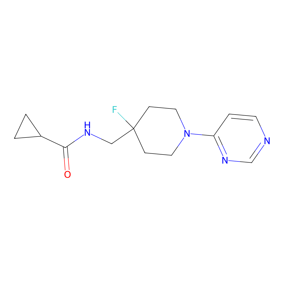 N-{[4-fluoro-1-(pyrimidin-4-yl)piperidin-4-yl]methyl}cyclopropanecarboxamide molecular structure, CAS 2877685-50-0