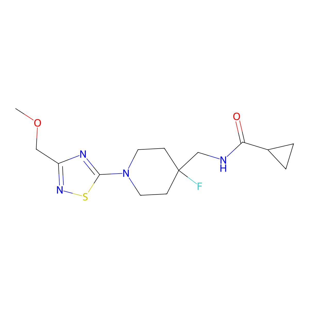 N-({4-fluoro-1-[3-(methoxymethyl)-1,2,4-thiadiazol-5-yl]piperidin-4-yl}methyl)cyclopropanecarboxamide molecular structure, CAS 2877685-56-6