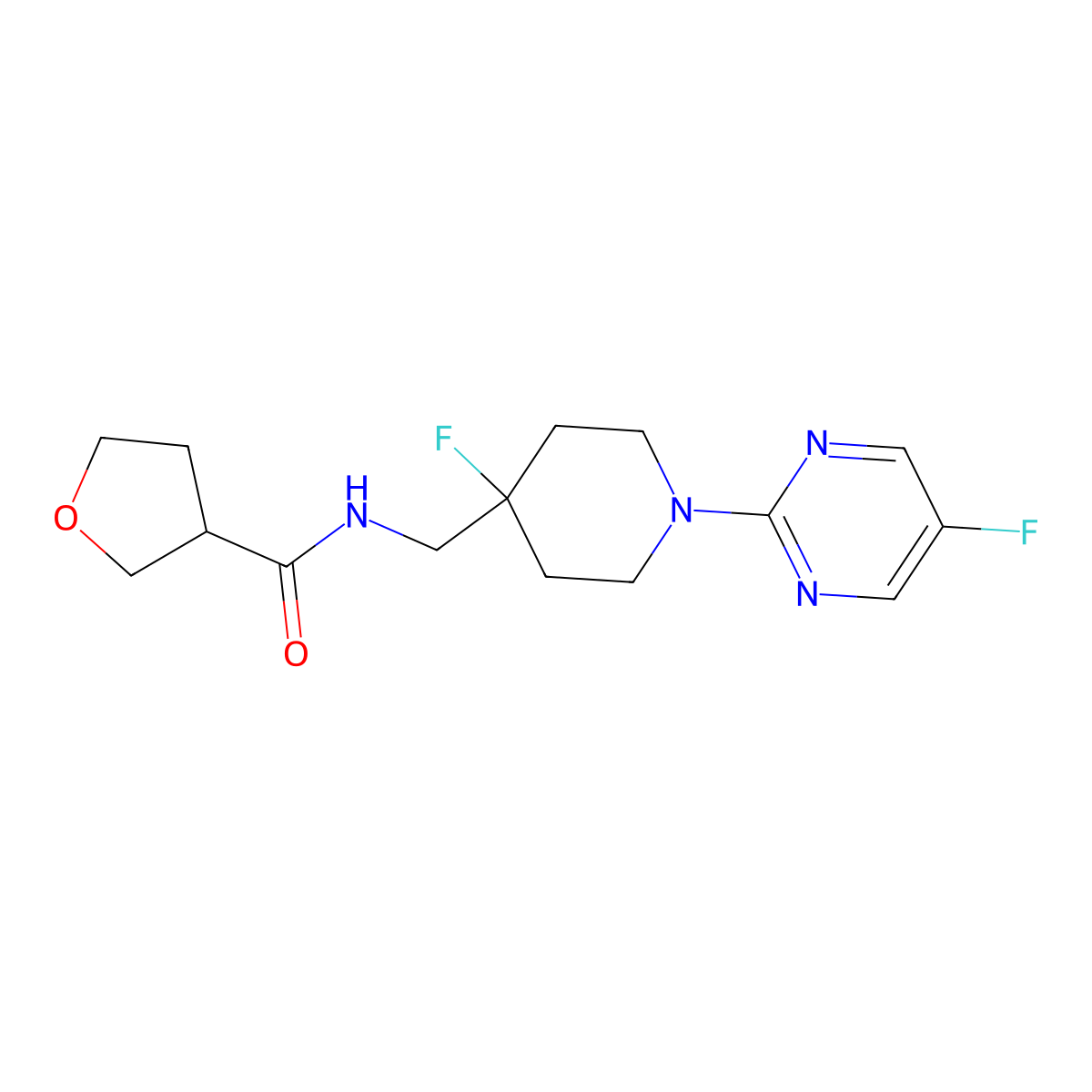 N-{[4-fluoro-1-(5-fluoropyrimidin-2-yl)piperidin-4-yl]methyl}oxolane-3-carboxamide molecular structure, CAS 2877685-57-7