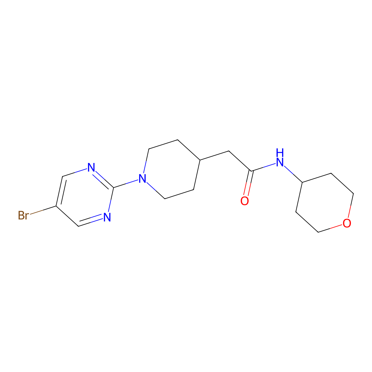 2-[1-(5-bromopyrimidin-2-yl)piperidin-4-yl]-N-(oxan-4-yl)acetamide molecular structure, CAS 2877685-60-2