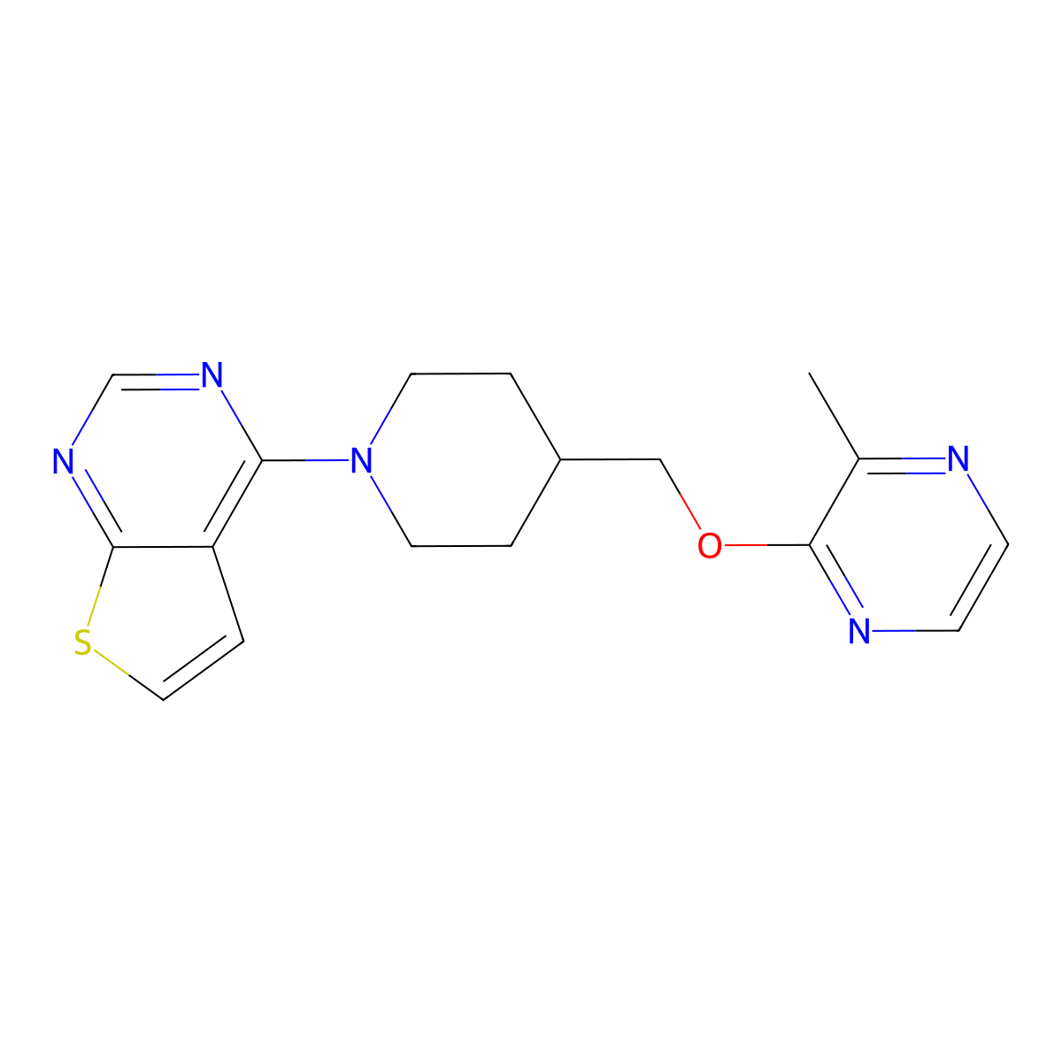 2-Methyl-3-[(1-{thieno[2,3-d]pyrimidin-4-yl}piperidin-4-yl)methoxy]pyrazine molecular structure, CAS 2877685-67-9