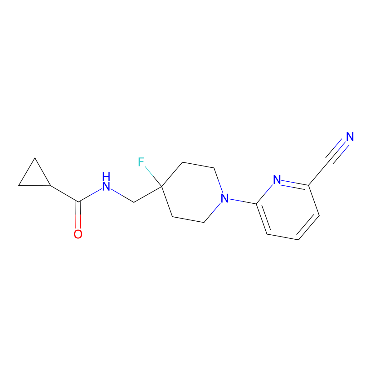 N-{[1-(6-cyanopyridin-2-yl)-4-fluoropiperidin-4-yl]methyl}cyclopropanecarboxamide molecular structure, CAS 2877685-71-5